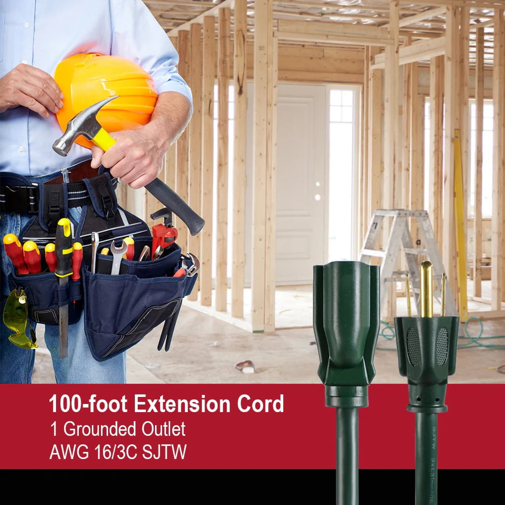 100FT 16AWG 3 Prong Green Single Outlet Outdoor Extension Cord F633546