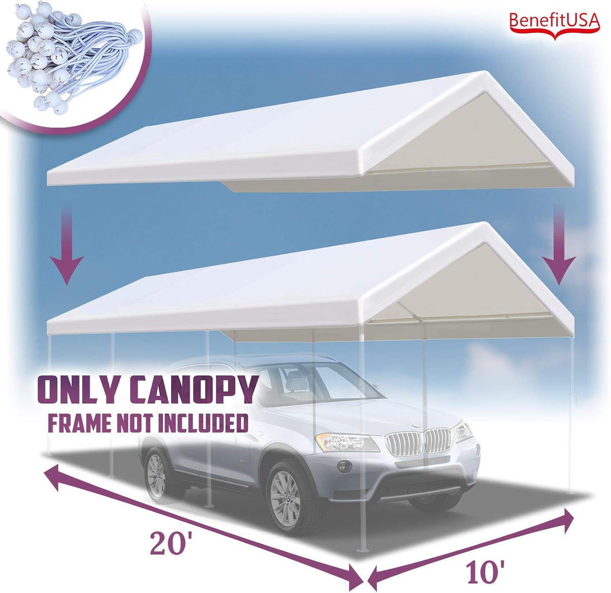 10x20 ft Carport Replacement Canopy Top Cover with Ball Bungee Cords R718010