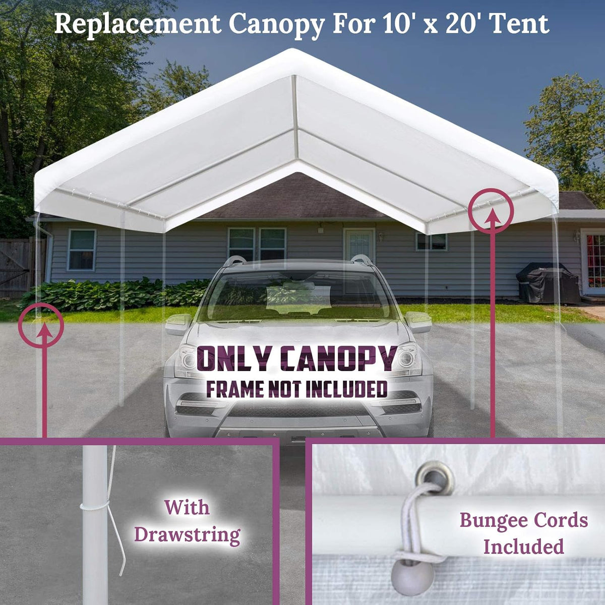 10x20 ft Carport Replacement Canopy Top Cover with Ball Bungee Cords R718010