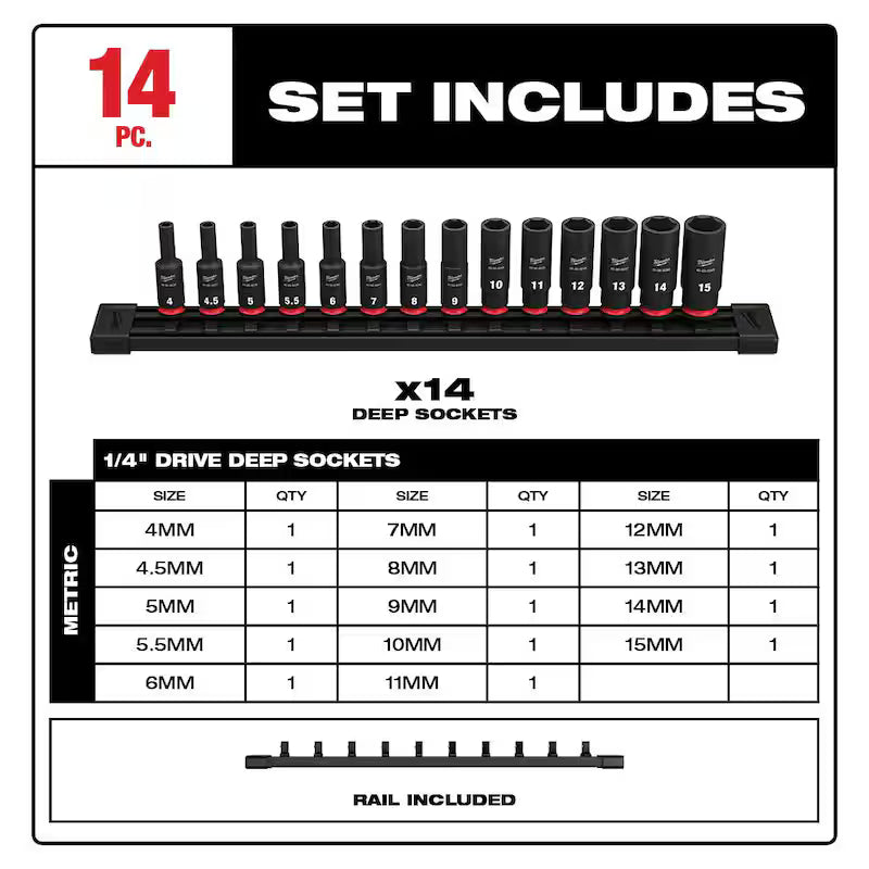 1/4 in. Drive Metric Deep Well 6 Point Impact Socket Set 14-Piece N6501